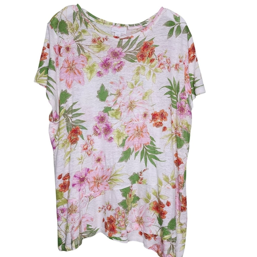 J Jill Love Linen Tee XL White Floral Short Sleeve Multi Coastal Resort Tropical